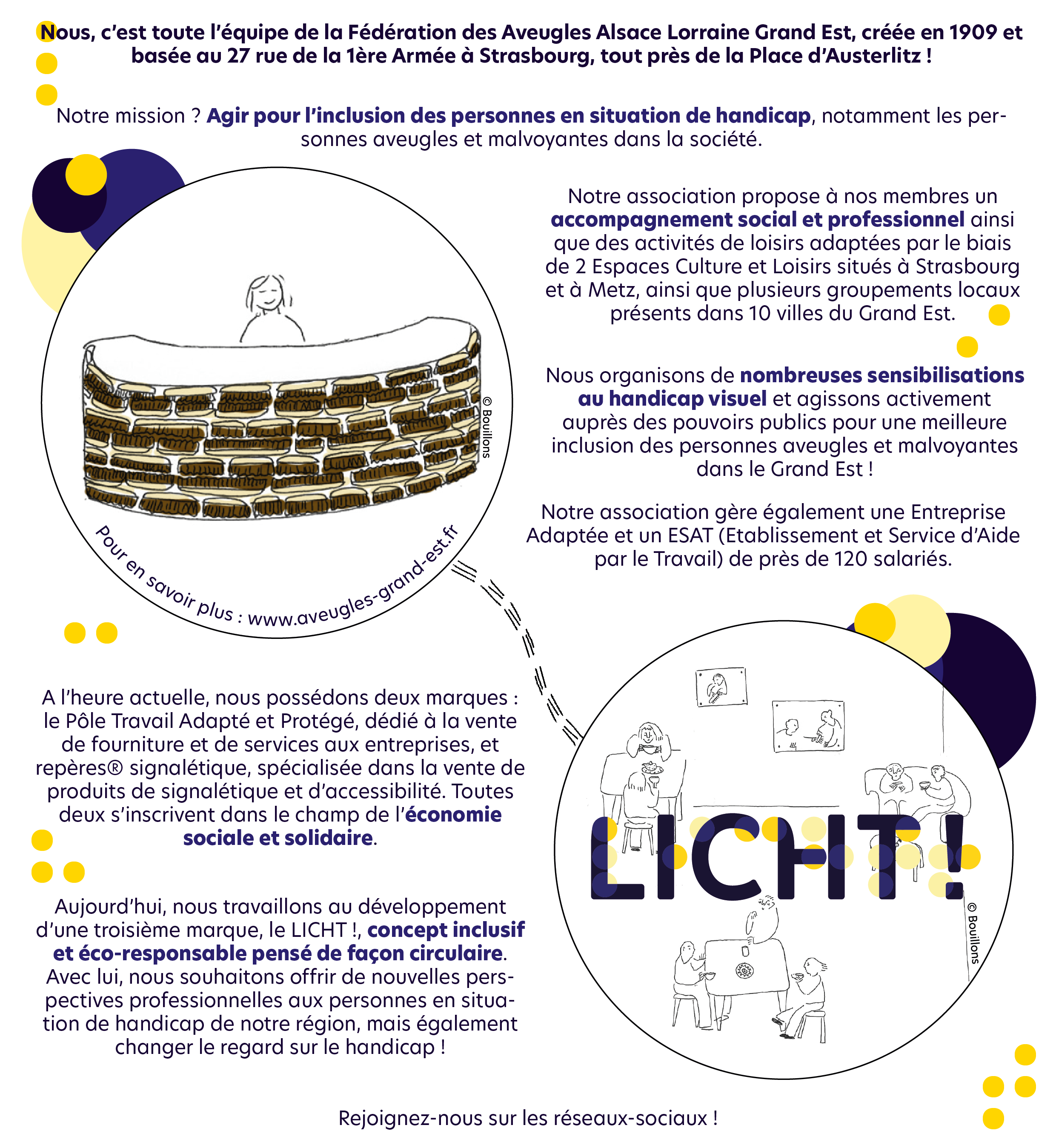 Nous, c’est toute l’équipe de la Fédération des Aveugles Alsace Lorraine Grand Est, créée en 1909 et basée au 27 rue de la 1ère Armée à Strasbourg, tout près de la Place d’Austerlitz !  Notre mission ? Agir pour l’inclusion des personnes en situation de handicap, notamment les personnes aveugles et malvoyantes dans la société. Notre association propose à nos membres un accompagnement social et professionnel ainsi que des activités de loisirs adaptées par le biais de 2 Espaces Culture et Loisirs situés à Strasbourg et à Metz, ainsi que plusieurs groupements locaux présents dans 10 villes du Grand Est.  Nous organisons de nombreuses sensibilisations au handicap visuel et agissons activement auprès des pouvoirs publics pour une meilleure inclusion des personnes aveugles et malvoyantes dans le Grand Est ! Notre association gère également une Entreprise Adaptée et un ESAT (Etablissement et Service d’Aide par le Travail) de près de 120 salariés.  A l’heure actuelle, nous possédons deux marques : le Pôle Travail Adapté et Protégé, dédié à la vente de fourniture et de services aux entreprises, et repères® signalétique, spécialisée dans la vente de produits de signalétique et d’accessibilité. Toutes deux s’inscrivent dans le champ de l’économie sociale et solidaire. Aujourd’hui, nous travaillons au développement d’une troisième marque, le LICHT !, concept inclusif et éco-responsable pensé de façon circulaire. Avec lui, nous souhaitons offrir de nouvelles perspectives professionnelles aux personnes en situation de handicap de notre région, mais également changer le regard sur le handicap ! Rejoignez-nous sur les réseaux sociaux !